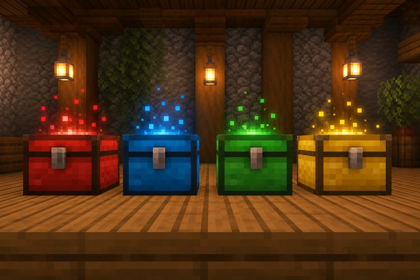 Colorful chests standing in for shard-shop cosmetics
