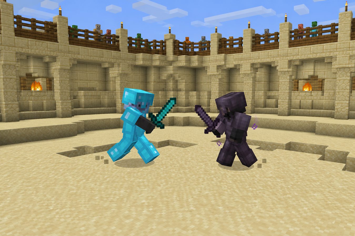 Two armored players fighting with swords on sandstone