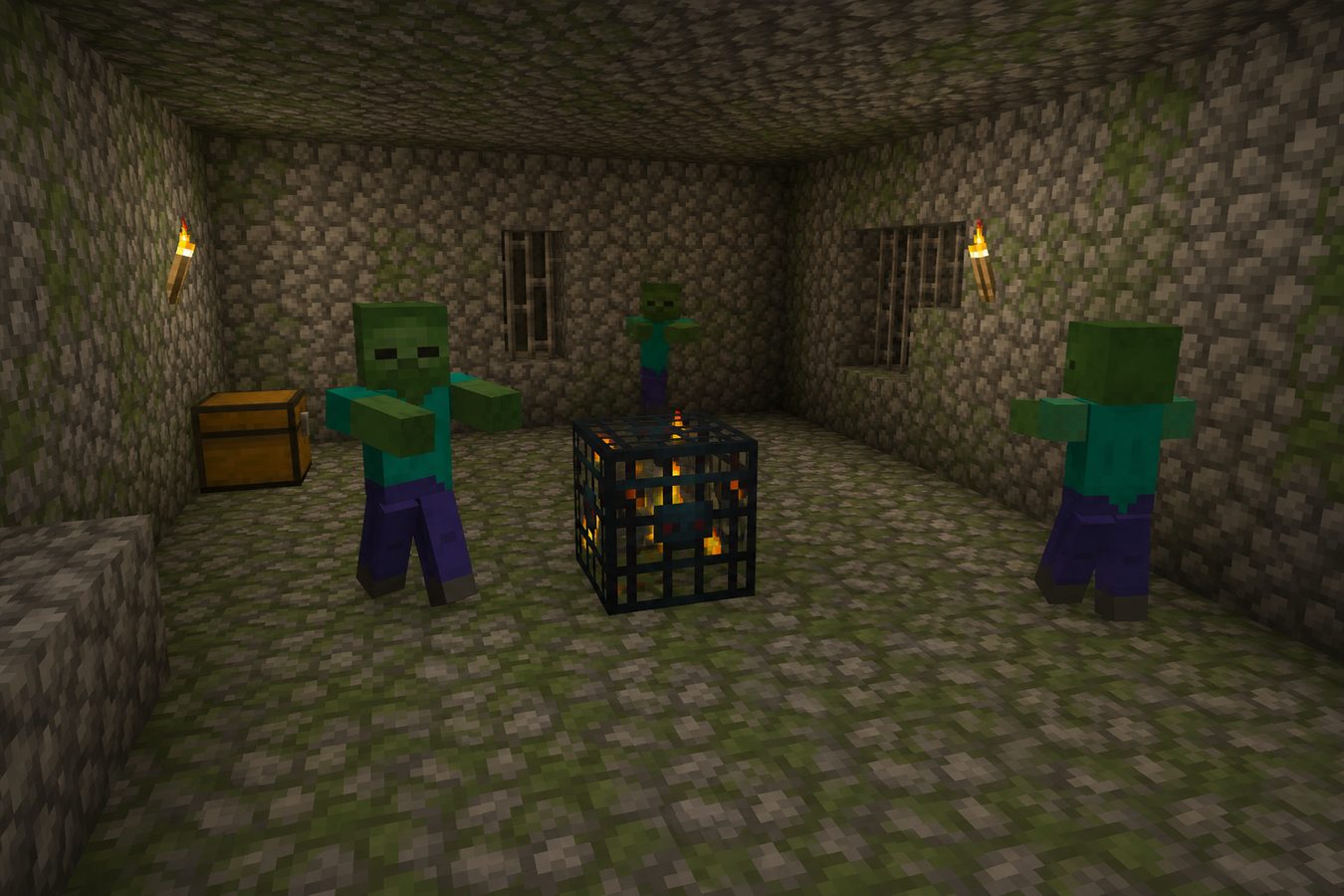Mossy dungeon with a mob spawner cage