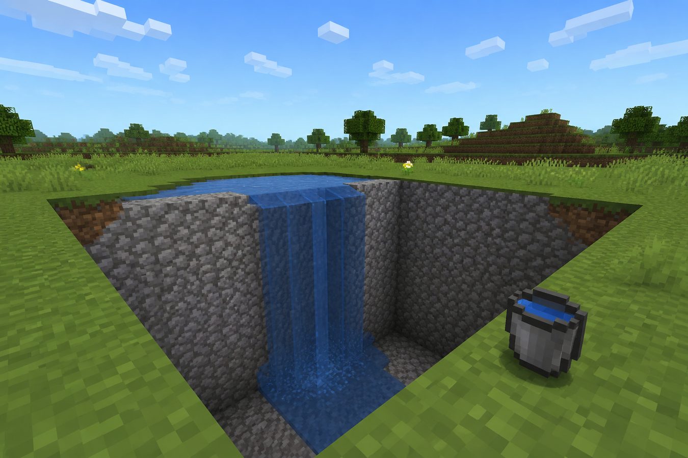 Water pouring into a dug square on grass