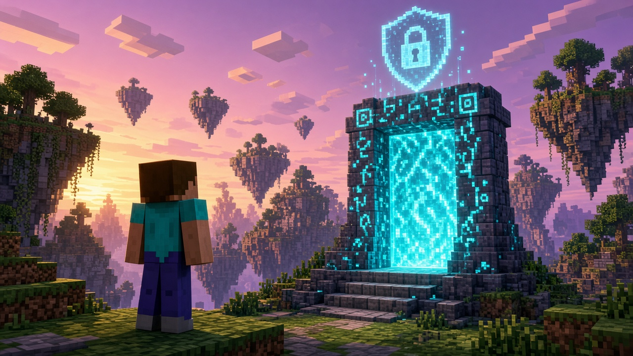 Minecraft figure at a cyan verification portal with a holographic lock shield over floating islands at sunset — mood illustration, not live UI