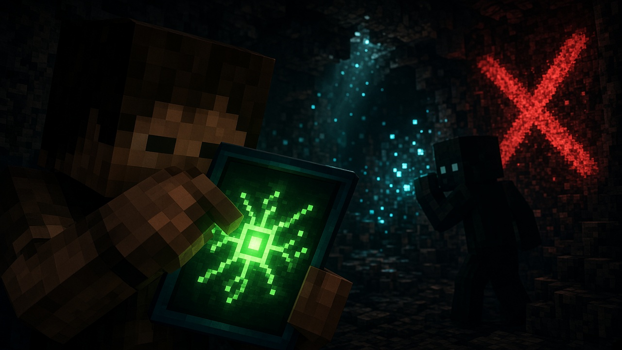 Player covering a glowing linking tablet while a silhouette peeks, with a red X mood for the privacy warning — mood illustration, not live UI