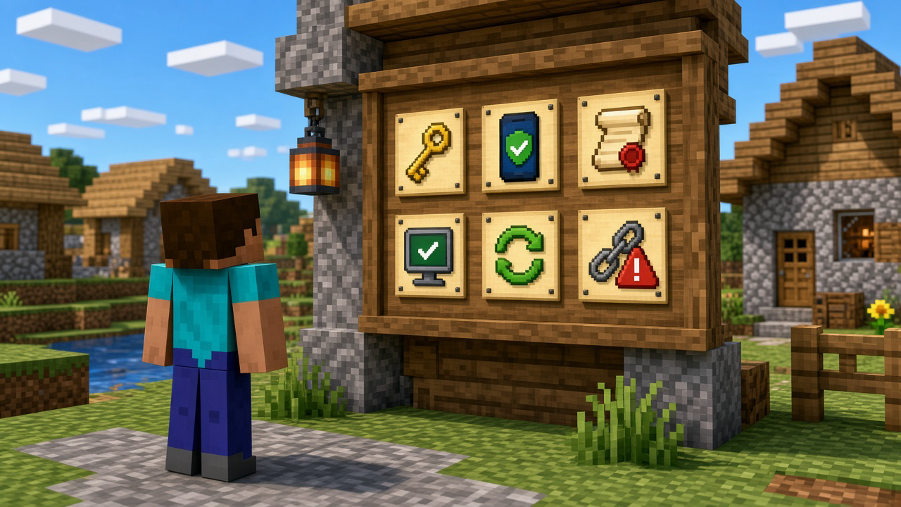 A Minecraft-style checklist board with six glowing icons for password, 2FA, recovery codes, sessions, updates and links