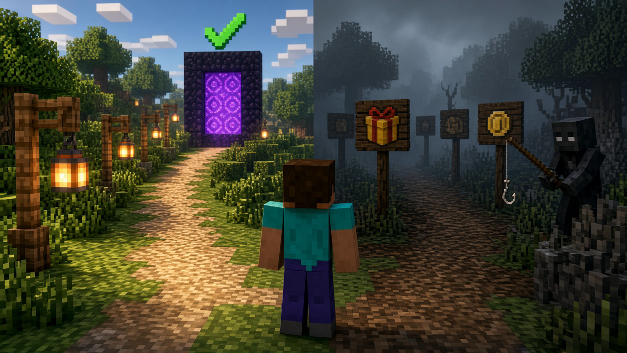 Minecraft-style player at a crossroads with one glowing safe path to a verified portal and one dark path full of fake signs