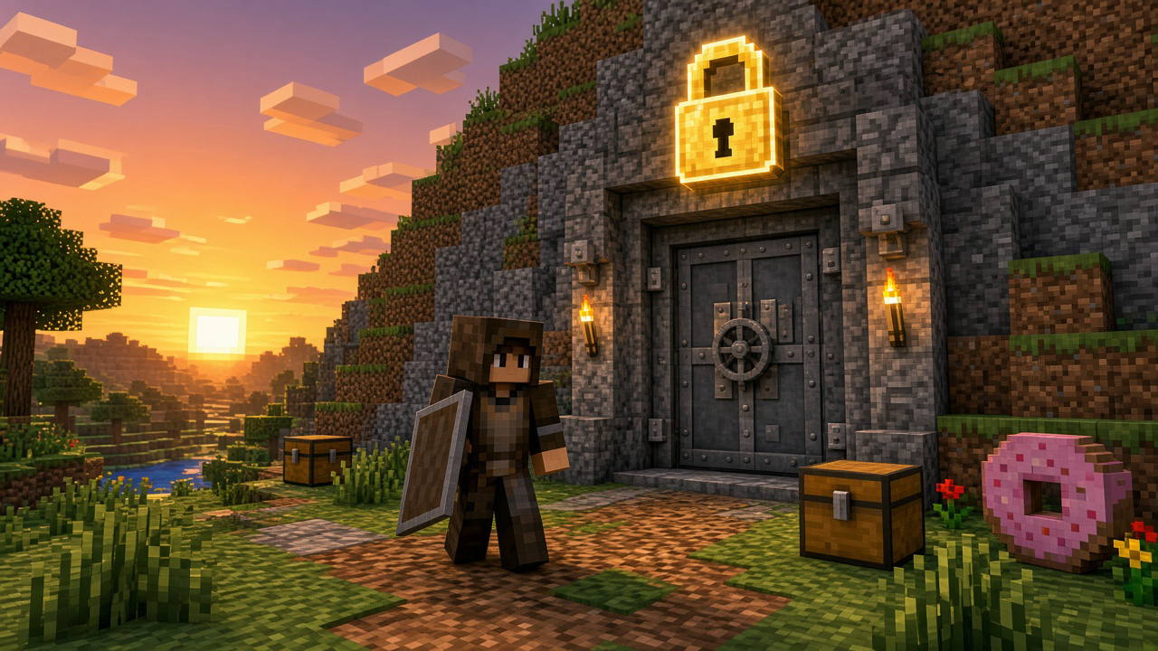 Minecraft-style player guarding a vault door with a glowing padlock on a DonutSMP-style survival map
