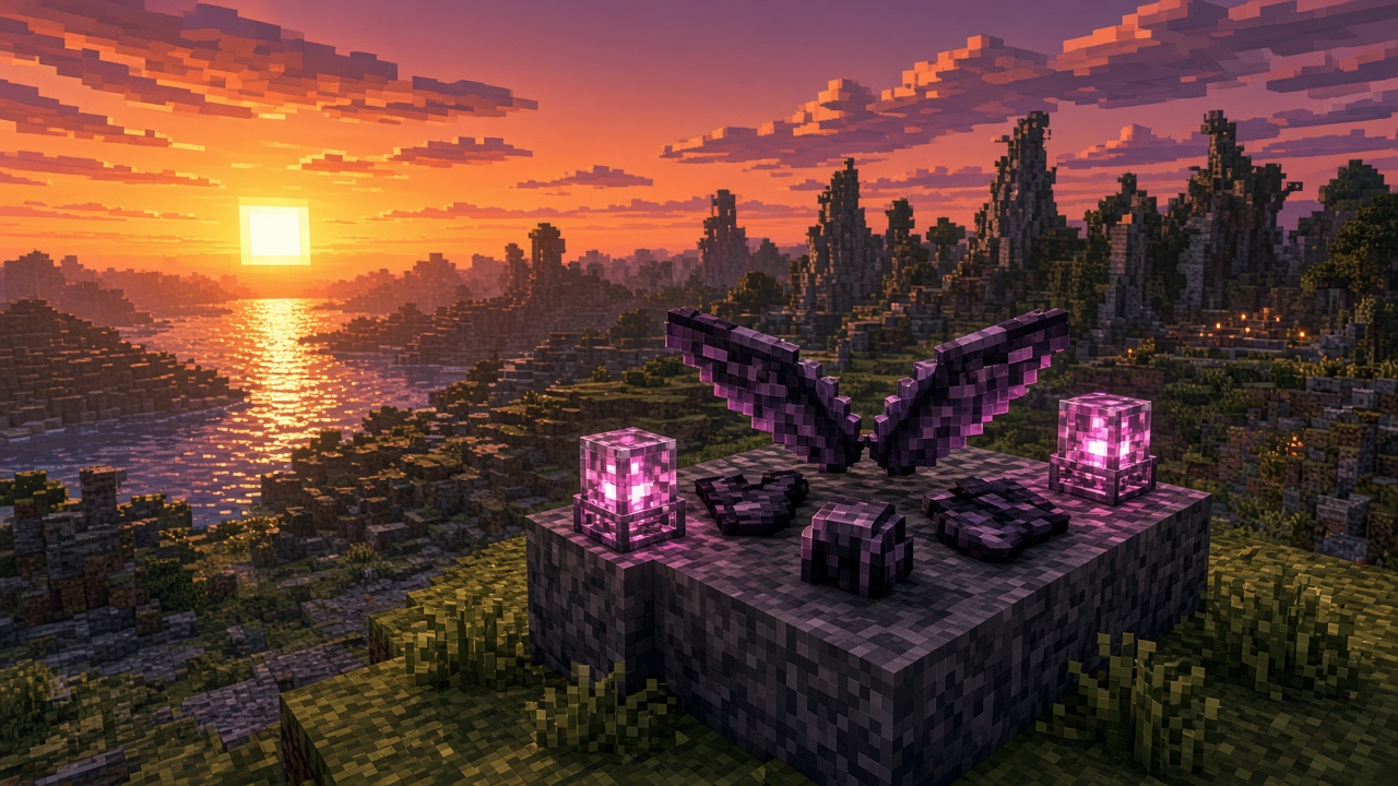 Elytra on a stone platform with netherite scraps and glowing crystals at sunset — mood illustration, not live UI