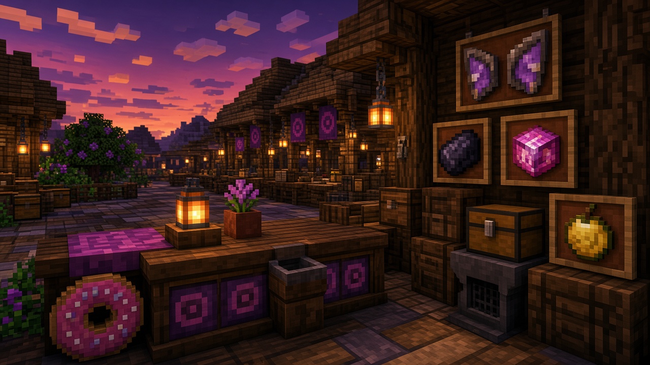Minecraft trading hall at dusk with elytra, netherite and crystal displays — mood illustration, not live UI