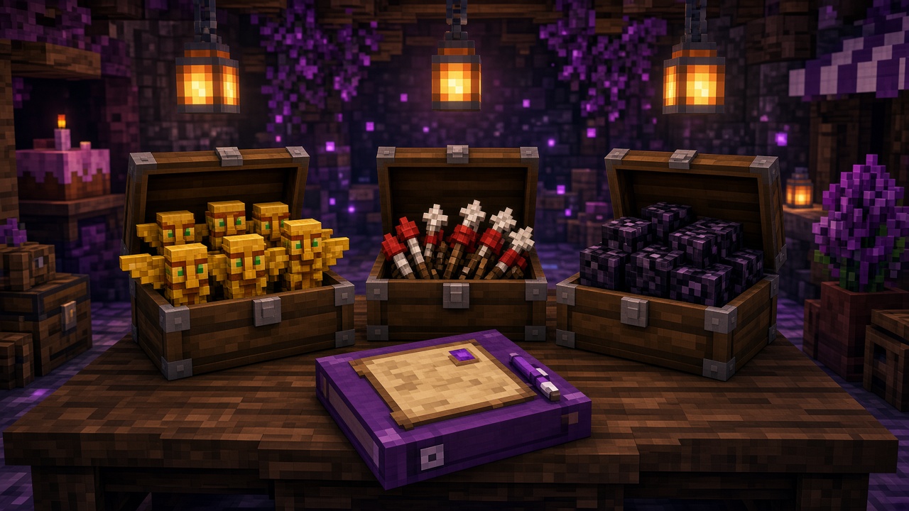 Trading ledger beside chests of totems, firework rockets and netherite blocks — mood illustration, not live UI