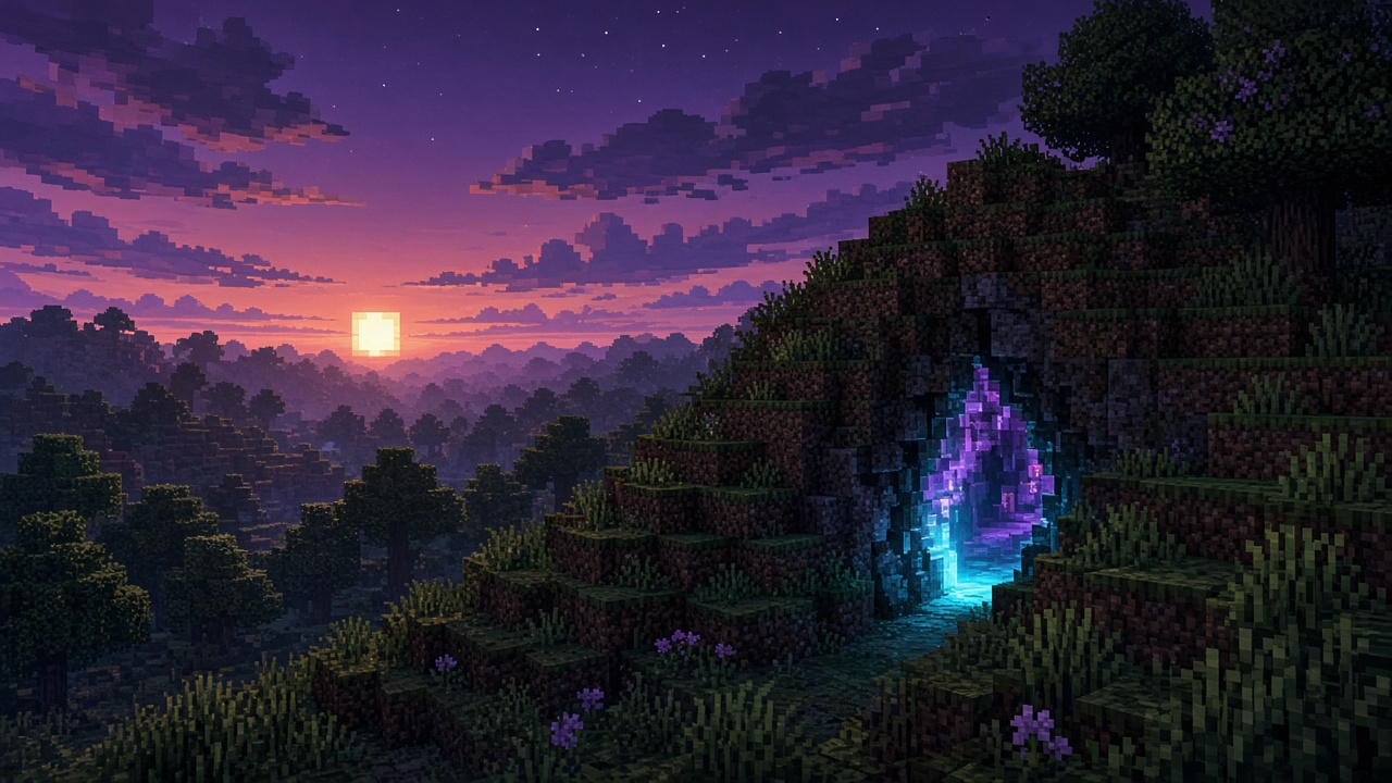 Hidden hillside cave entrance with cyan-purple glow at dusk — mood illustration, not live UI