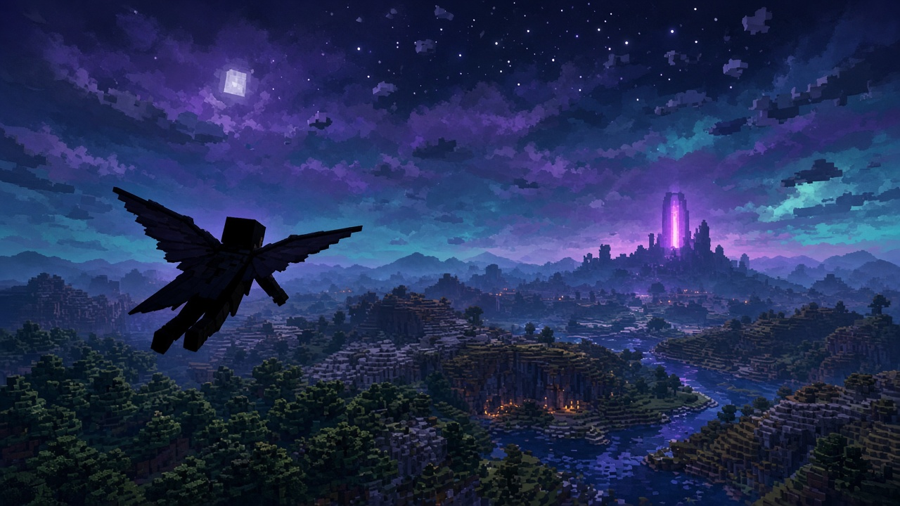 Elytra silhouette flying over a night forest toward a distant purple landmark — mood illustration, not live UI