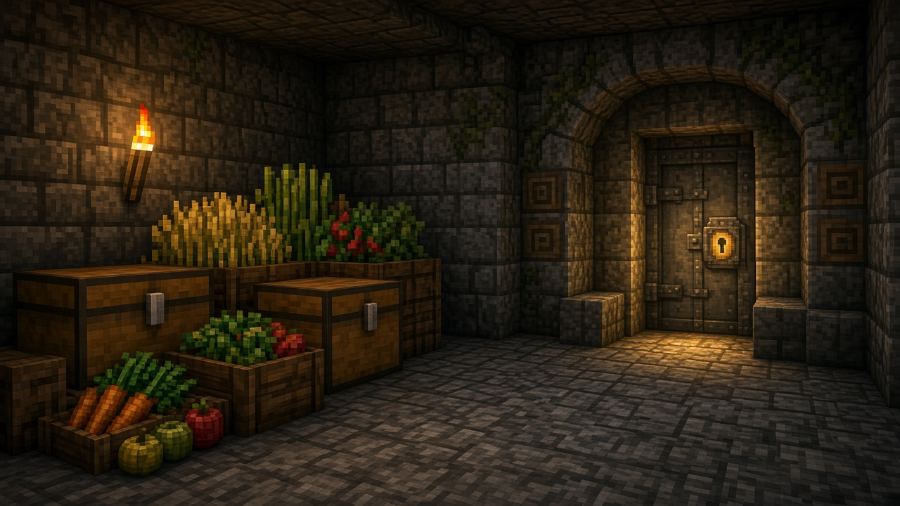 Farm-crop chests beside a sealed vault door with a golden keyhole — mood illustration, not live UI