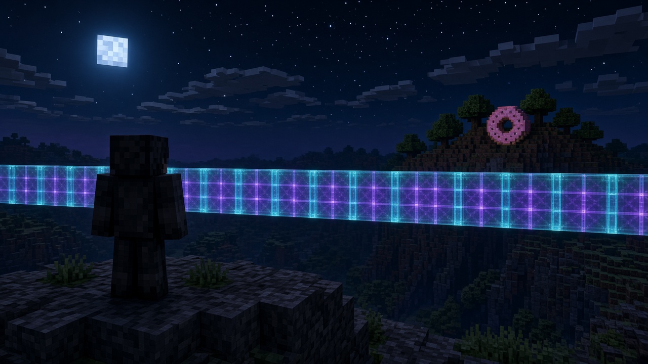 Faceless blocky figure seen from behind on a stone cliff at night, facing a long glowing cyan and purple grid wall, with a pink donut on a wooded hill under a blocky moon. Mood illustration, not a live screenshot.