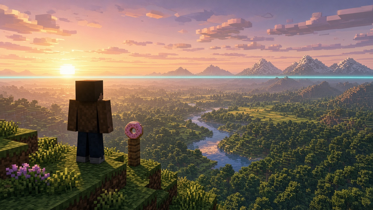 Faceless blocky player seen from behind on a grassy cliff at sunrise, looking over forests and a river toward snowy mountains and a thin cyan line on the horizon, with a pink donut on a wooden post. Mood illustration, not a live screenshot.