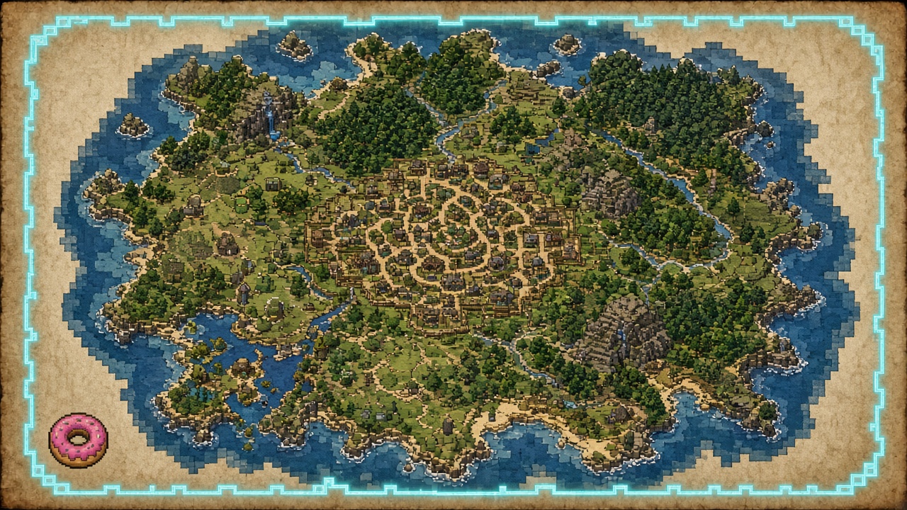 Stylized parchment map of a blocky island with a dense town at the center, forests and ocean around it, and a glowing cyan border line. A pink donut sits in the corner. Mood illustration, not a live map.