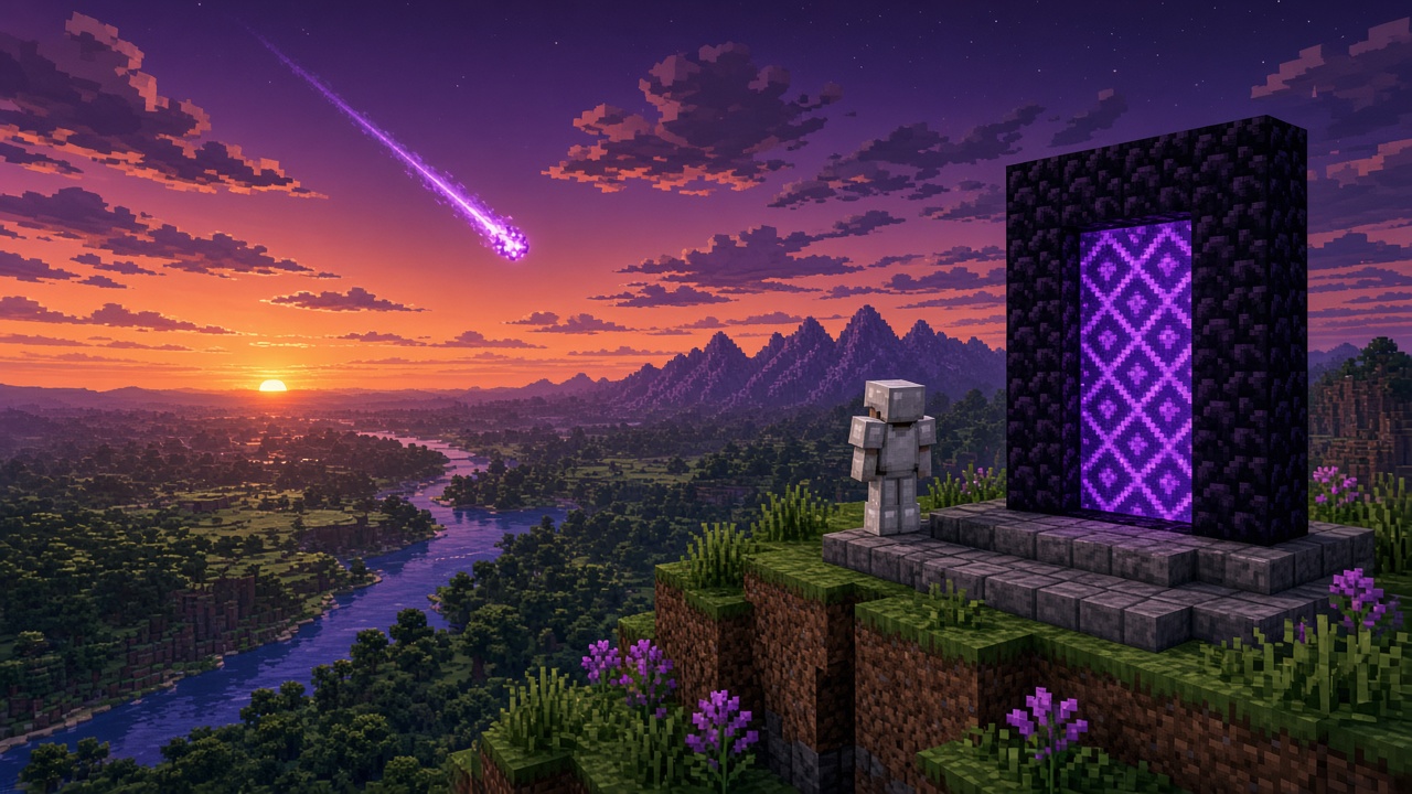Nether portal on a cliff overlooking Overworld plains under a purple dusk sky — mood illustration, not live UI