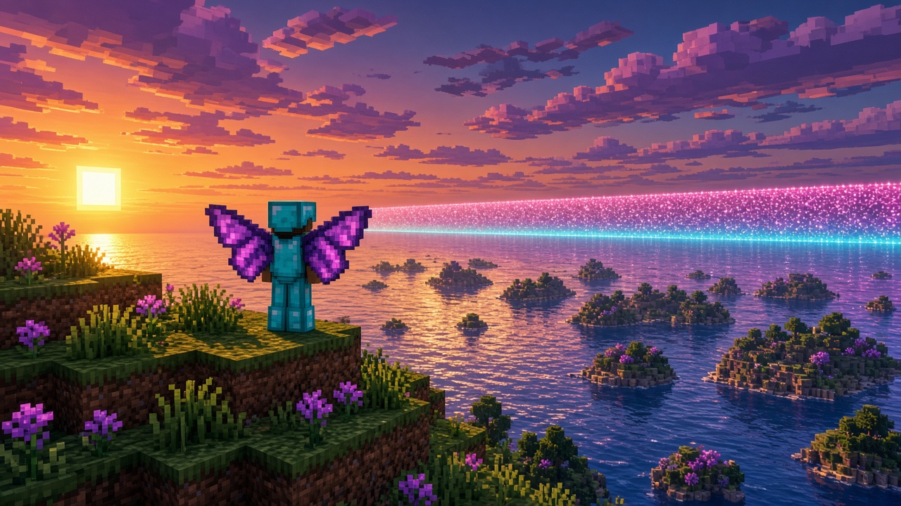 Diamond-armored player with elytra on a cliff looking toward a glowing world-border wall at sunset — mood illustration, not live UI