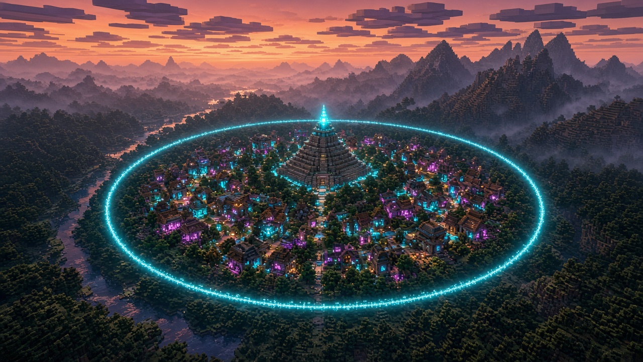 Aerial view of a dense circular player zone inside a glowing cyan border ring at dusk — mood illustration, not a live map