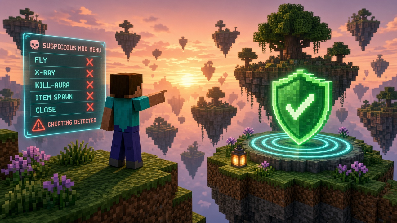 Player pointing at a crossed-out suspicious-mod hologram beside a green shield checkmark on floating islands — clean-client mood illustration, not live UI