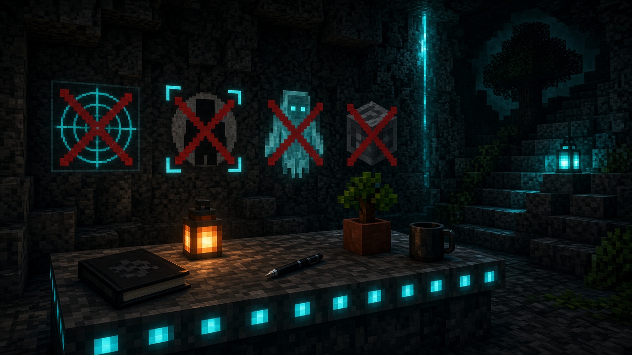 Dark cave desk with red X marks over radar, ESP silhouette, ghost freecam, and a stone block — prohibited-category mood illustration, not live UI
