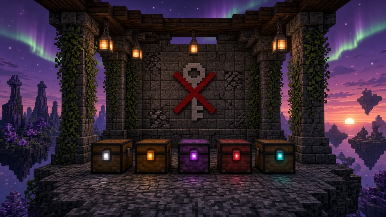 Abandoned crate pavilion with five glowing chests and a crossed-out key silhouette — mood illustration, not live UI