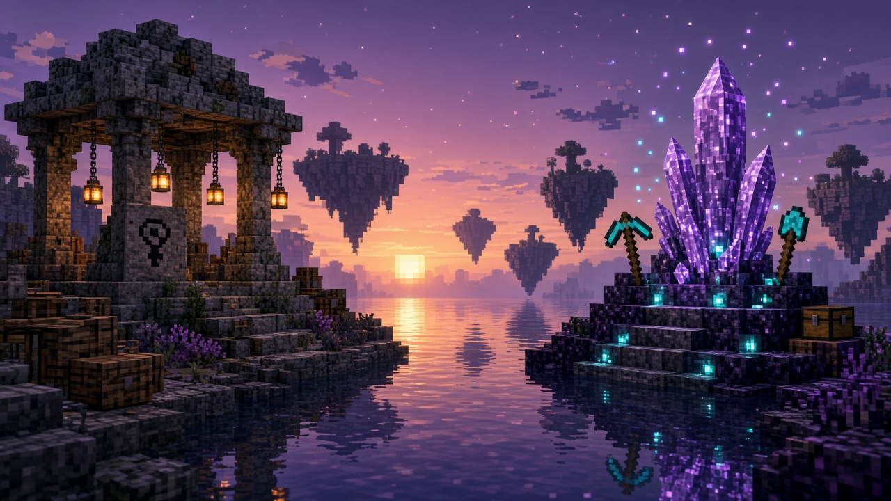 Faded crate ruins beside a glowing shard crystal shrine with tools — mood illustration, not live UI