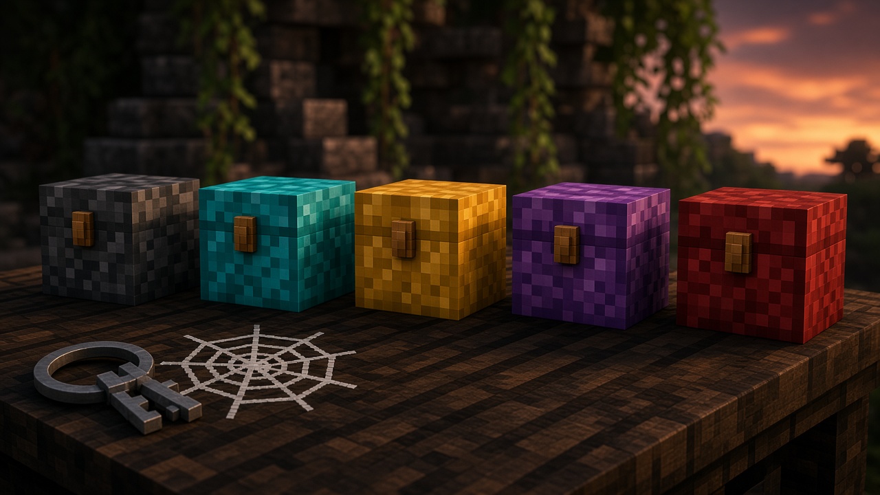 Five colored Minecraft chests in a row with a key ring and cobweb — mood illustration, not live UI