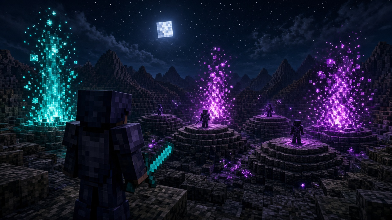 Night wilderness crystal-fight mood with cyan and magenta explosion pillars and anonymous armored figures — mood illustration, not live UI