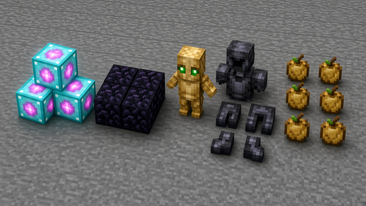 Kit spread on stone — End Crystals, obsidian, Totem of Undying, netherite armor, golden apples — mood illustration, not live inventory