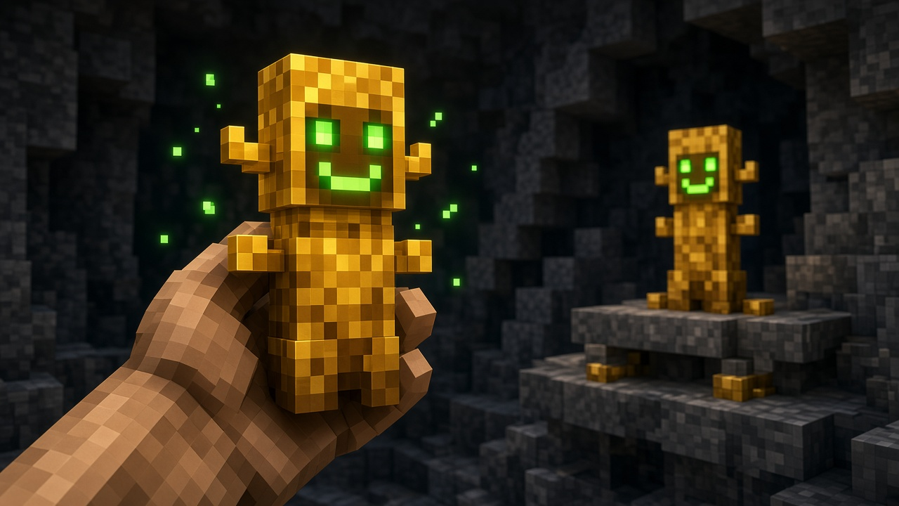 Offhand Totem of Undying close-up with a spare totem on a ledge — swap-readiness mood illustration, not live UI