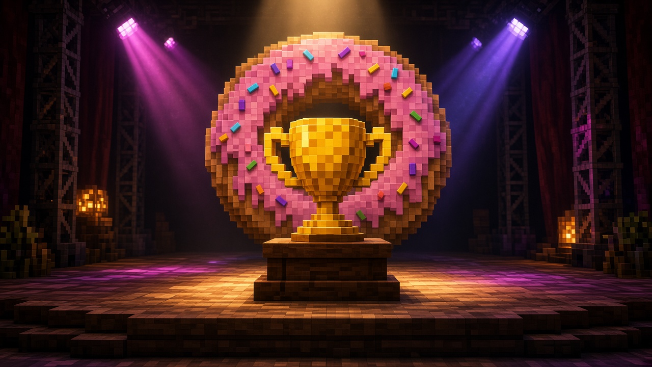 Blocky golden trophy on a wooden podium, with a giant pink-frosted donut behind it under purple and amber stage lights — mood illustration, not an official poster