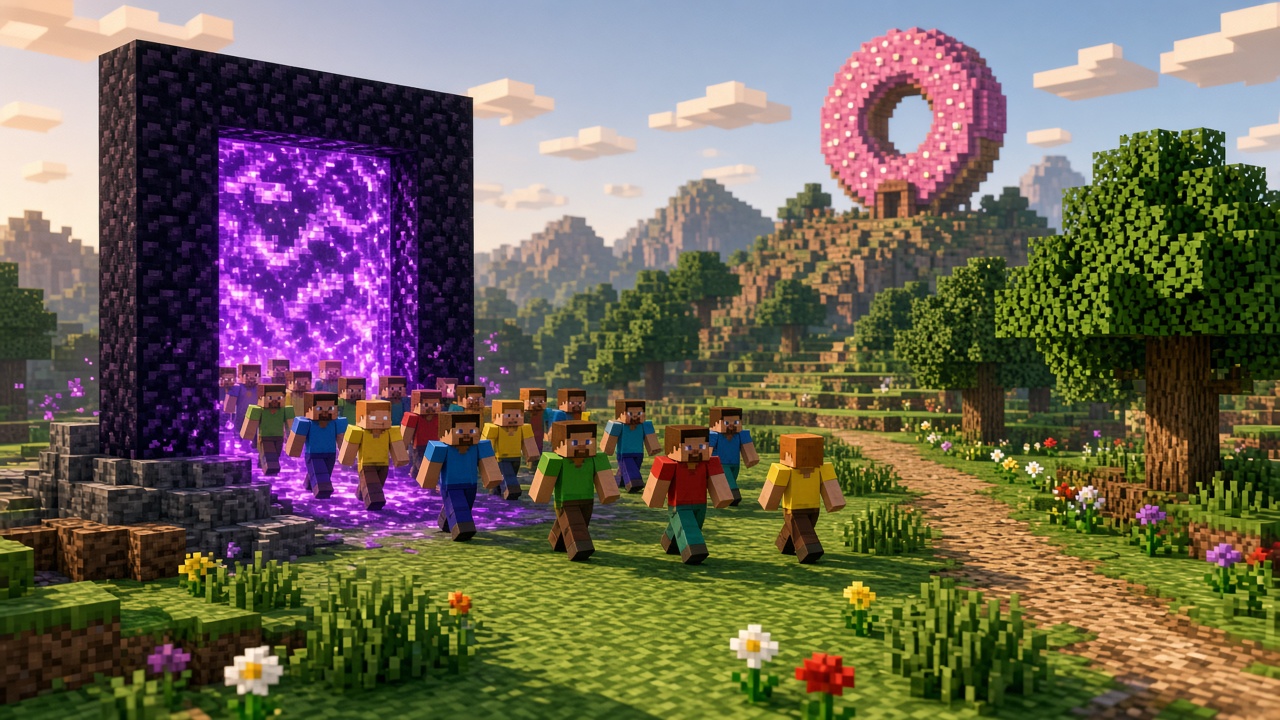 Generic blocky Minecraft players walking out of a purple portal into a survival world with a giant pink donut on a hill — mood illustration of a new-player wave, not a live screenshot