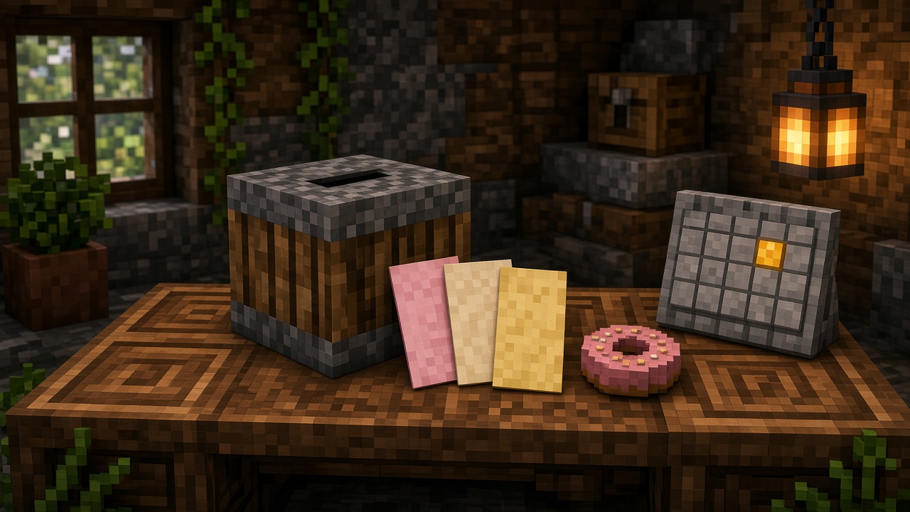 Pixel-style stone and oak ballot box with blank pink, cream, and gold voting slips and a block calendar on a lantern-lit table — mood illustration, not a live ballot