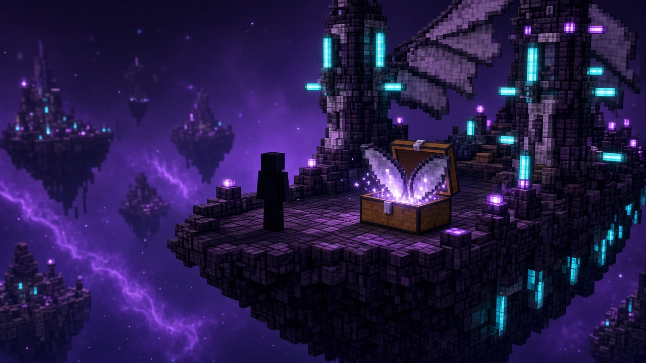 Silhouette facing an open chest of glowing elytra wings on a purple End island with cyan-lit towers — mood illustration, not live UI