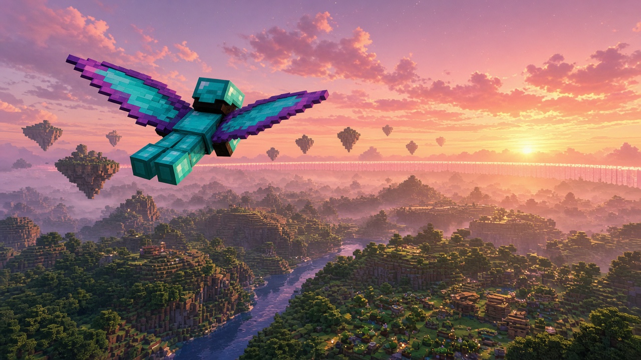 Diamond-armored player gliding on cyan-purple elytra over a sunset survival map toward a glowing world-border wall — mood illustration, not live UI