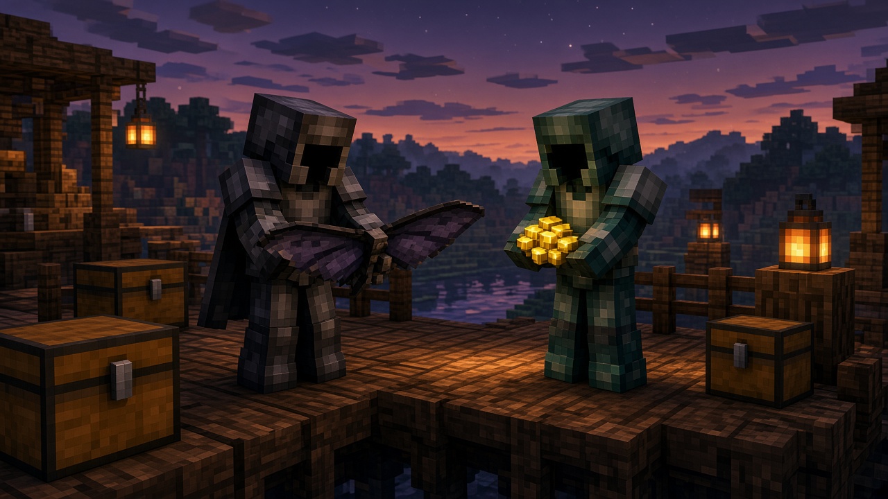 Two hooded players on a lantern-lit dock, one holding purple elytra and one holding gold blocks — mood illustration, not live UI