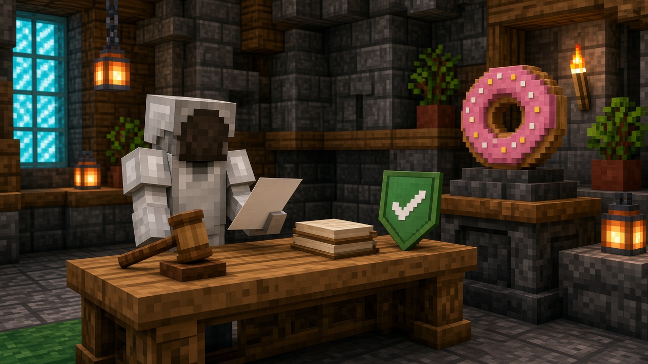 Faceless blocky player in white armor at an oak report desk, holding a blank page, with a wooden gavel, a green shield bearing a white check mark, and a pink donut on a stone pedestal. Mood illustration, not a live screenshot.