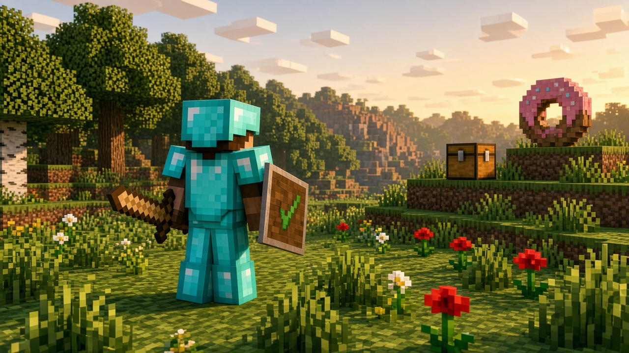 Faceless blocky player in diamond armor standing in a sunny flower meadow, holding a wooden sword and a shield with a green check mark, with a chest and a pink donut on a nearby hill. Mood illustration, not a live screenshot.
