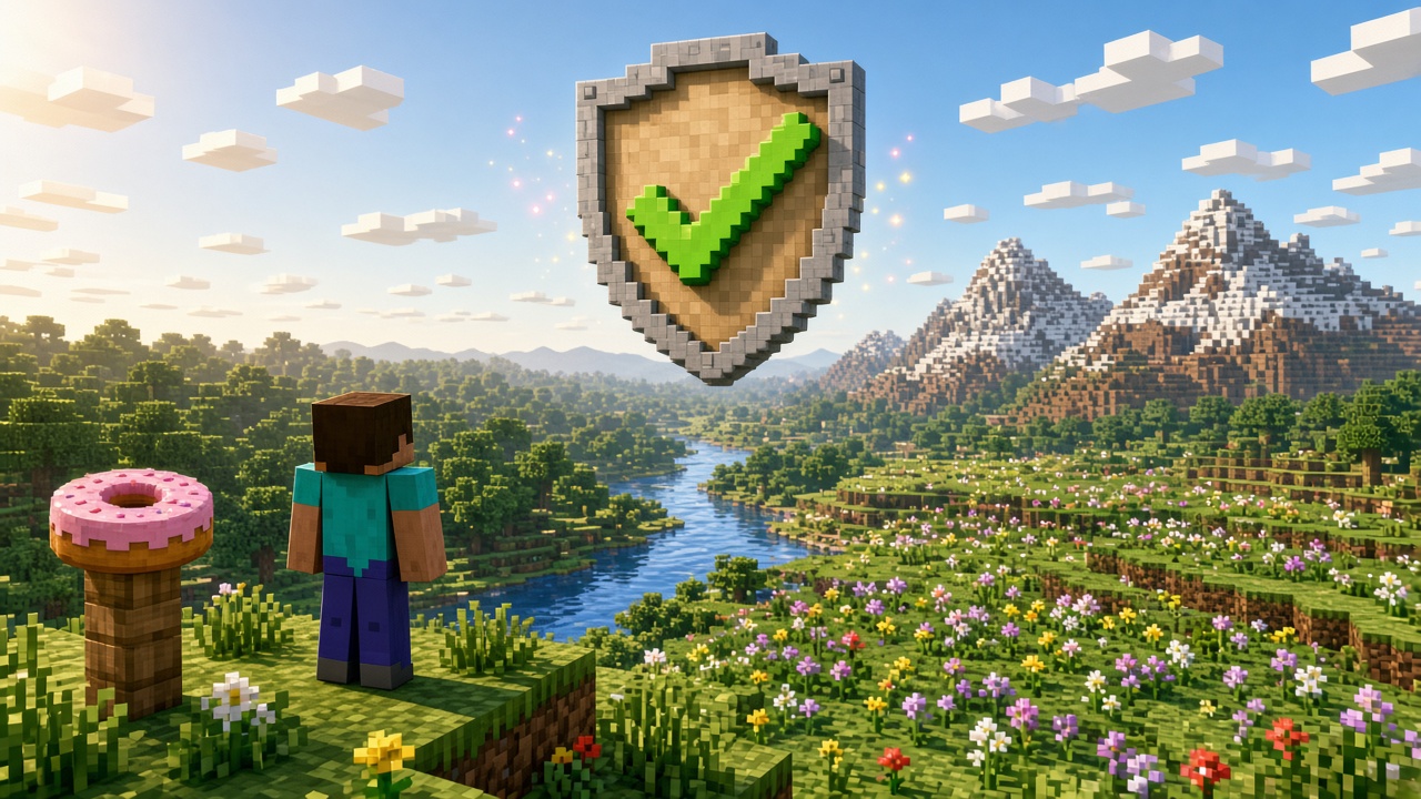 Faceless blocky player seen from behind on a grassy cliff, looking up at a floating stone shield with a green check mark over a river valley and snowy mountains. A pink donut sits on a wooden post. Mood illustration, not a live screenshot.