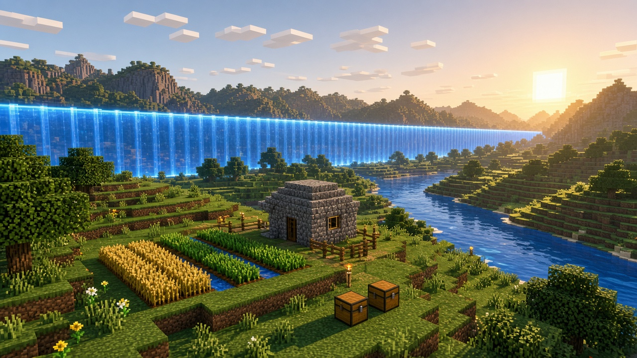 Glowing translucent blue world-border wall across blocky hills and a river at sunrise, with a small stone farm hut and crop rows in the foreground — mood illustration, not a live map