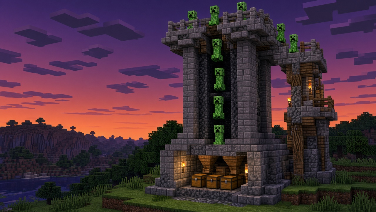 Blocky creeper farm at dusk, with green creepers falling down a stone-brick drop shaft into a torch-lit chest room under a purple and orange sky — mood illustration, not a live base