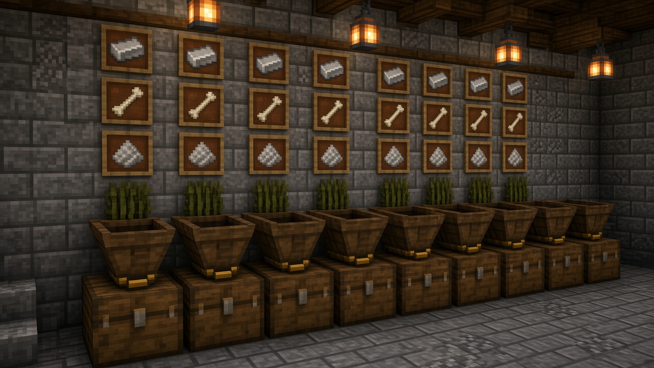Lantern-lit storage room with a row of hoppers feeding chests, under item frames holding iron ingots, bones, and pale powder piles, with kelp in the hopper row — mood illustration, not live UI