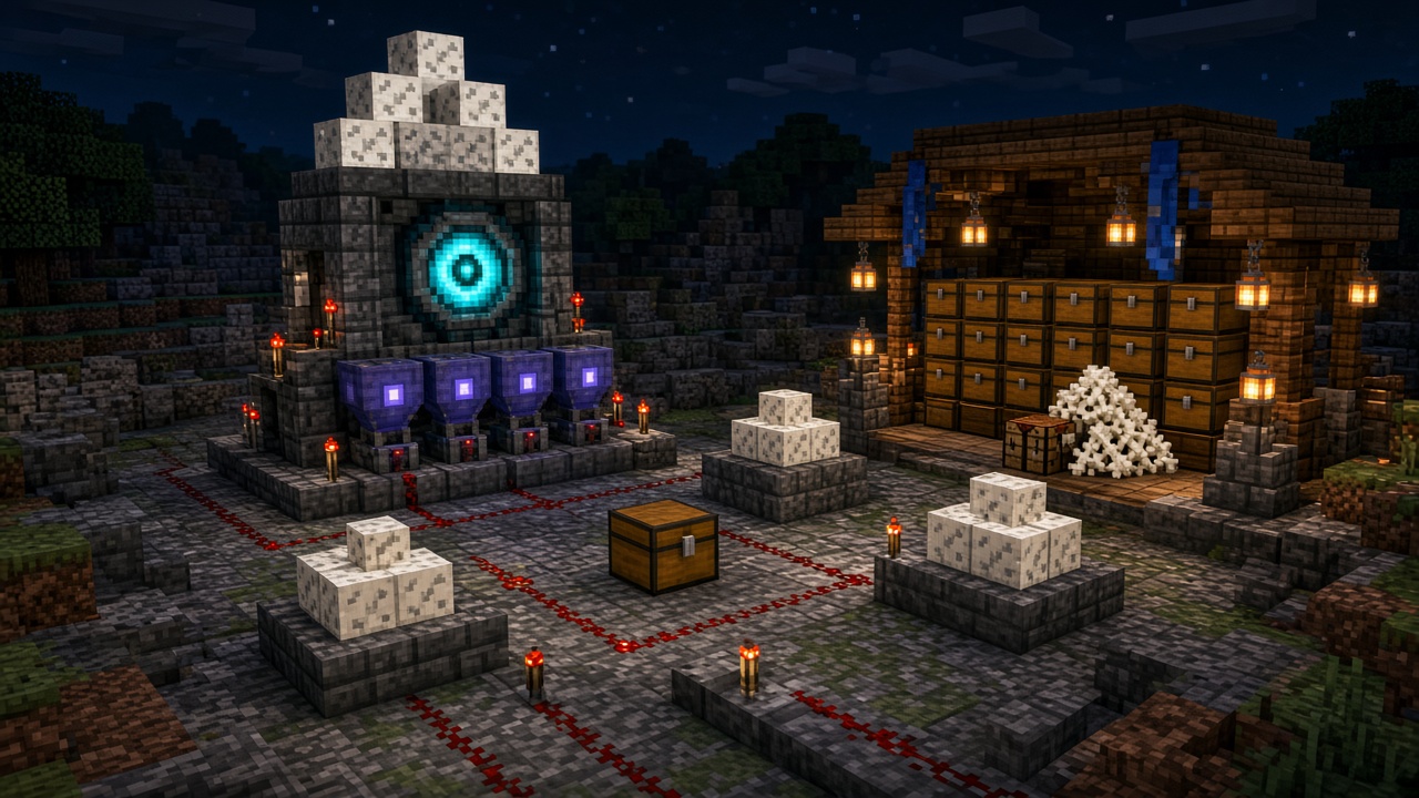 Nighttime bone-block crafter with hoppers, bone blocks, redstone dust and a wall of storage chests