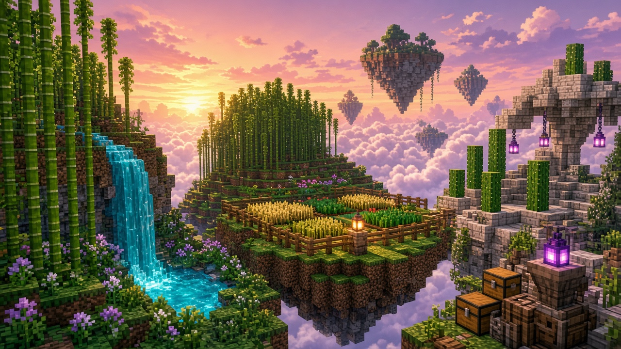 Floating Minecraft island farm at sunset with kelp, bamboo, cactus terraces, chests and lanterns above the clouds