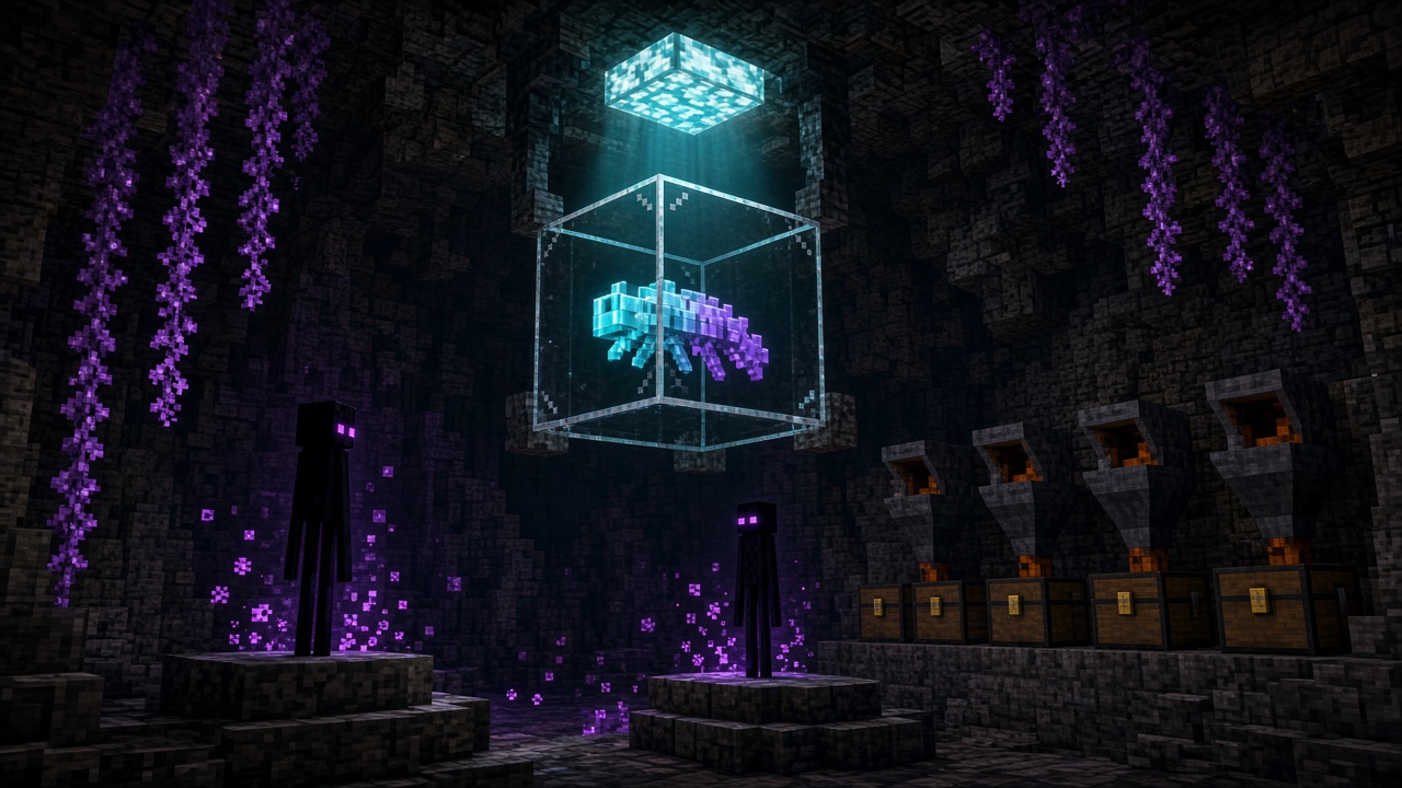 Glass chamber with a glowing endermite above two endermen, with hoppers and chests in a dark cave