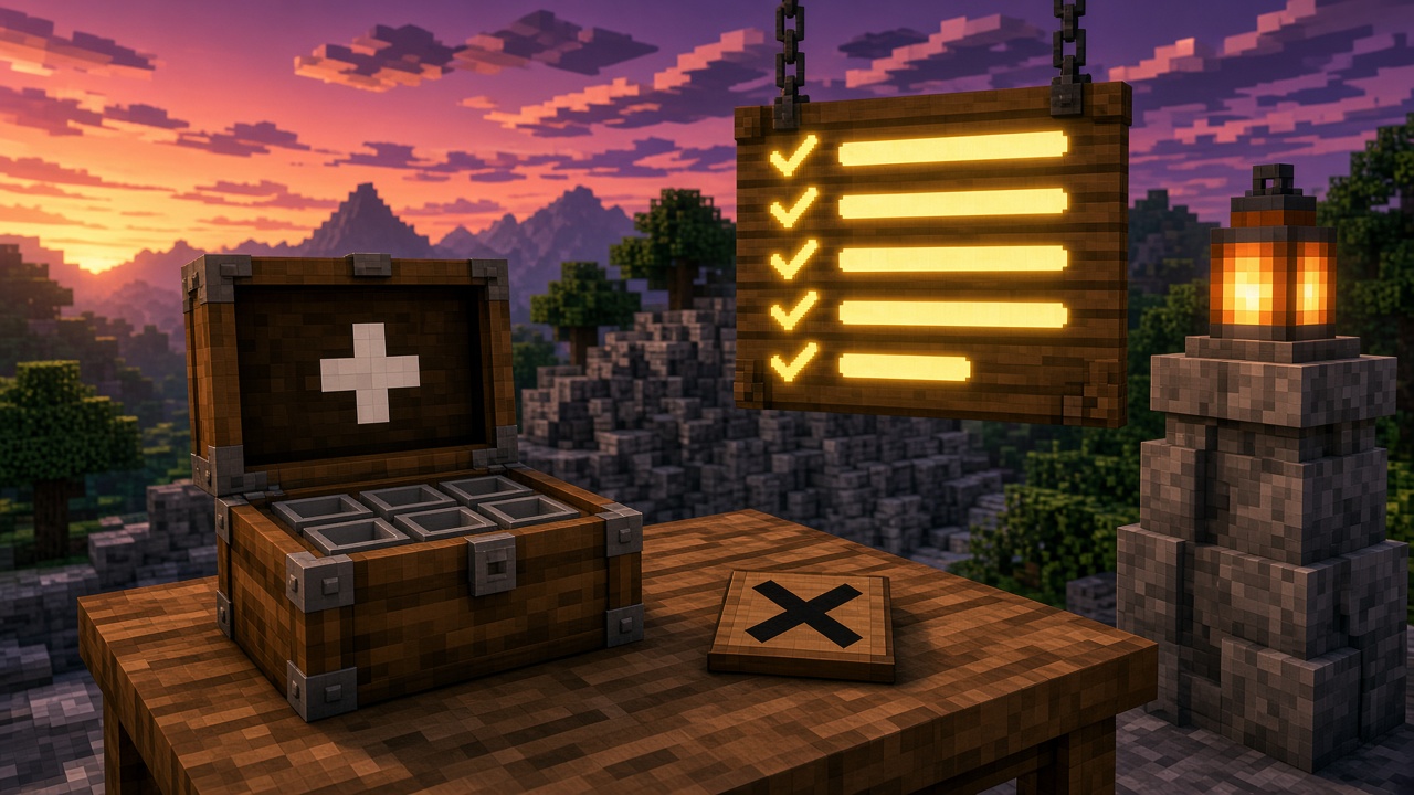 Hanging wooden checklist with yellow checks beside an open empty chest — mood illustration, not live UI