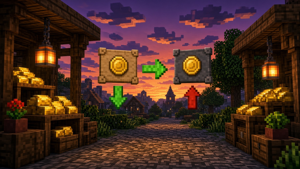 Minecraft dusk market with two glowing price tags and a profit arrow between stalls — mood illustration, not live UI
