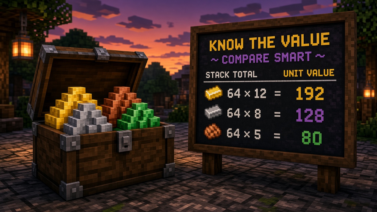 Open chest of ingot stacks beside a KNOW THE VALUE board comparing stack totals with unit figures — mood illustration, not live prices