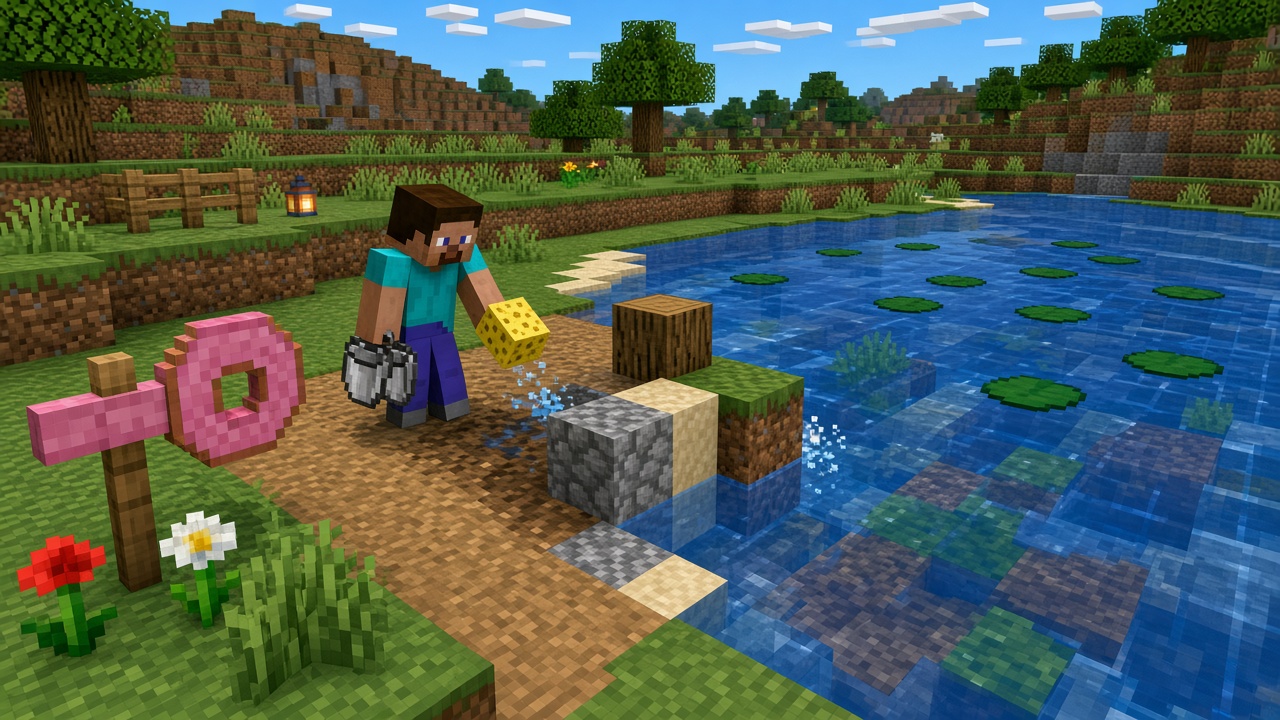 Blocky player using a sponge and blocks to drain flood water near a base