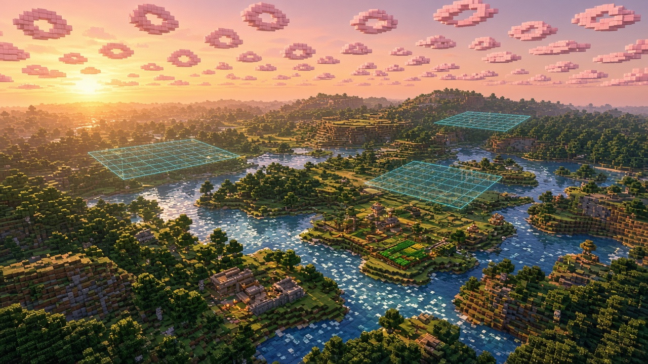 Minecraft-style aerial view of a survival world with flooded patches and scan grids