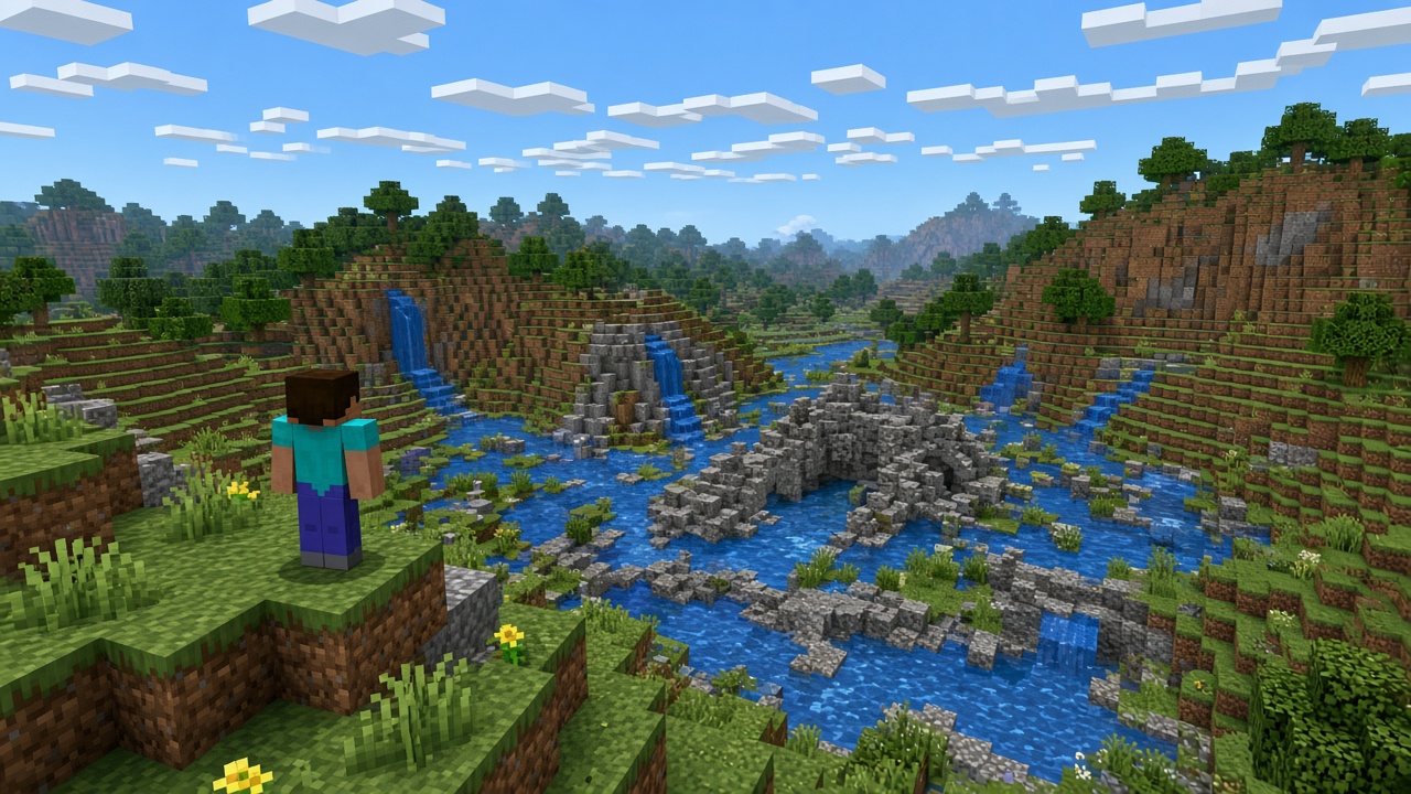 Blocky player looking down at a flooded valley after a random teleport